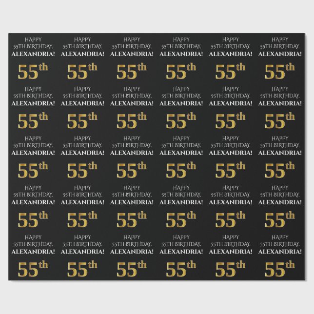 55th Birthday: Elegant, Black, Faux Gold Look Wrapping Paper (Flat)