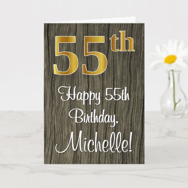 55th Birthday: Elegant Faux Gold Look #, Faux Wood Card (Small Plant)