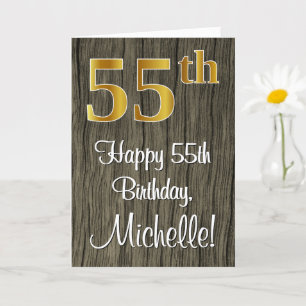 55th Birthday: Elegant Faux Gold Look #, Faux Wood Card