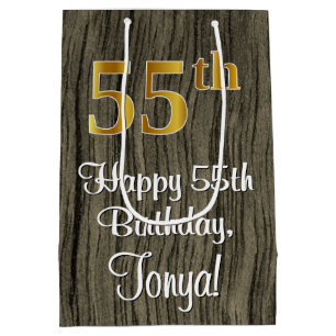 55th Birthday: Elegant Faux Gold Look #, Faux Wood Medium Gift Bag