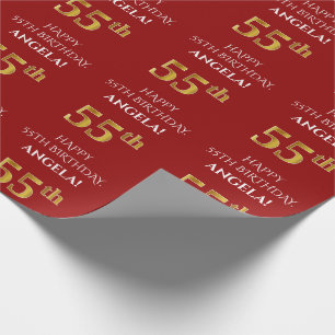 55th Birthday: Elegant, Red, Faux Gold Look Wrapping Paper