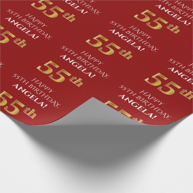55th Birthday: Elegant, Red, Faux Gold Look Wrapping Paper (Corner)
