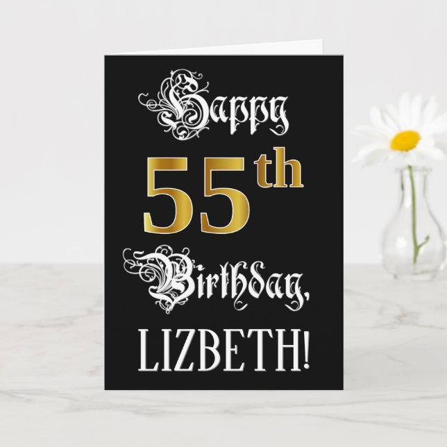 55th Birthday — Fancy Script; Faux Gold Look; Name Card (Small Plant)