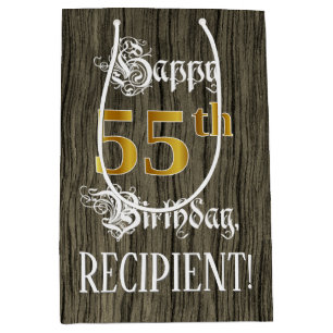 55th Birthday: Faux Gold Look & Faux Wood Pattern Medium Gift Bag