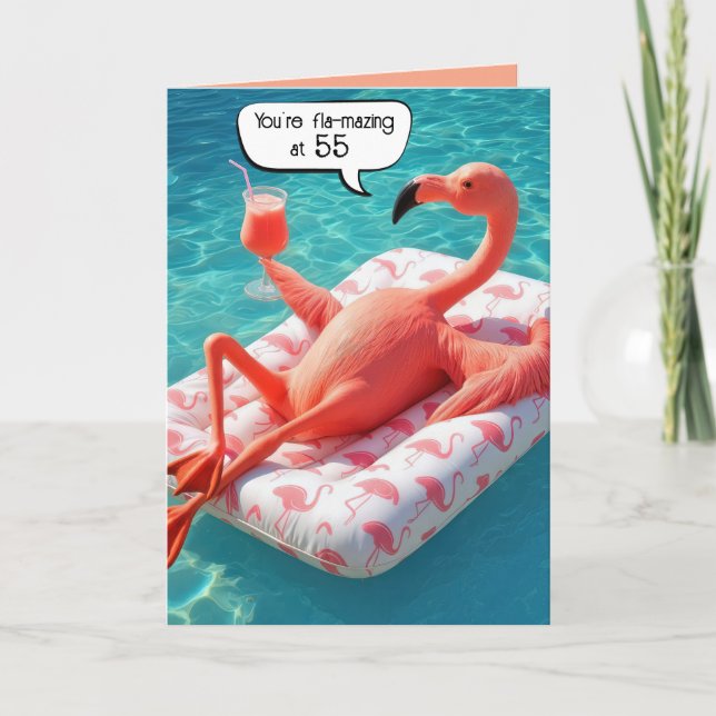 55th Birthday Flamingo Floating In a Pool Card (Front)