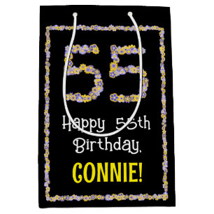 55th Birthday: Floral Flowers Number, Custom Name Medium Gift Bag