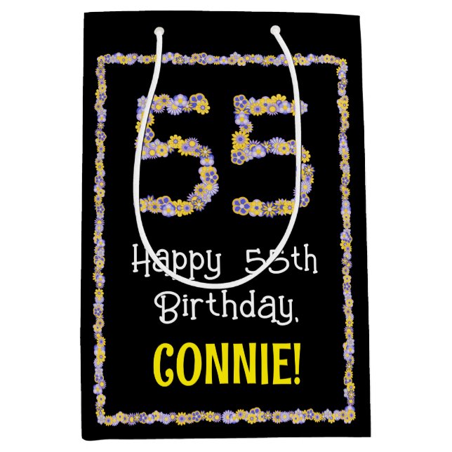 55th Birthday: Floral Flowers Number, Custom Name Medium Gift Bag (Front)