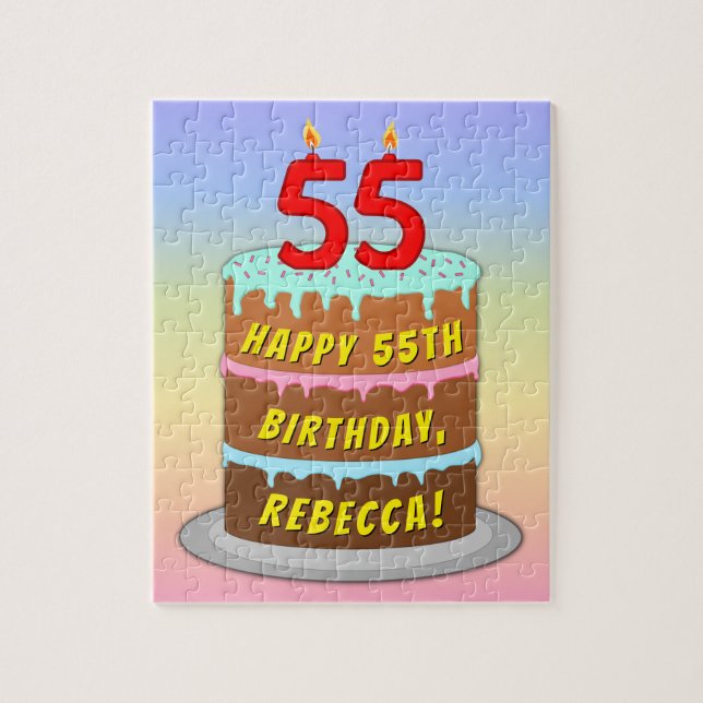 55th Birthday: Fun Cake and Candles + Custom Name Jigsaw Puzzle (Vertical)