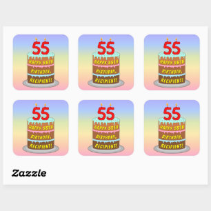 55th Birthday: Fun Cake and Candles + Custom Name Square Sticker