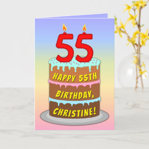 55th Birthday — Fun Cake & Candles, w/ Custom Name Card