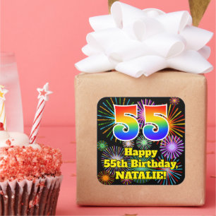 55th Birthday: Fun Fireworks Look, Rainbow # 55 Square Sticker