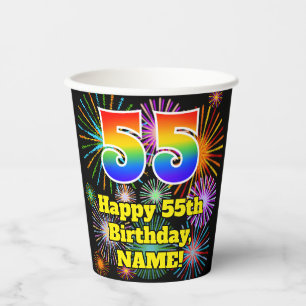 55th Birthday: Fun Fireworks Pattern + Rainbow 55 Paper Cups