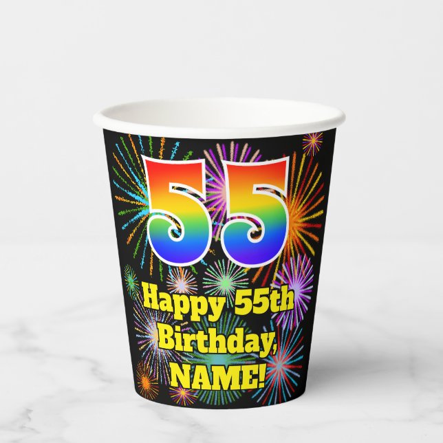 55th Birthday: Fun Fireworks Pattern + Rainbow 55 Paper Cups (Front)