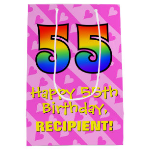 55th Birthday: Fun Pink Hearts Stripes; Rainbow 55 Medium Gift Bag