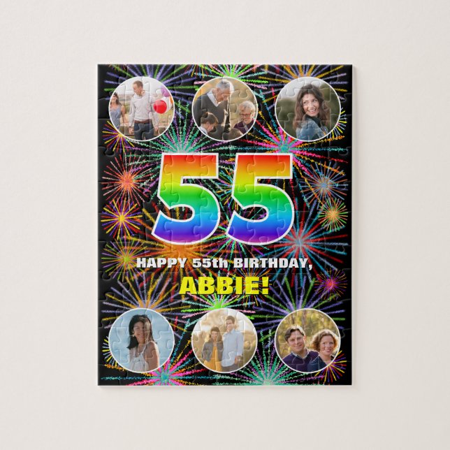 55th Birthday: Fun Rainbow #, Custom Name + Photos Jigsaw Puzzle (Vertical)