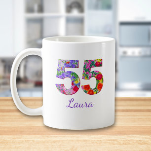 55th Birthday Gift Floral 55 Personalised for Her Coffee Mug