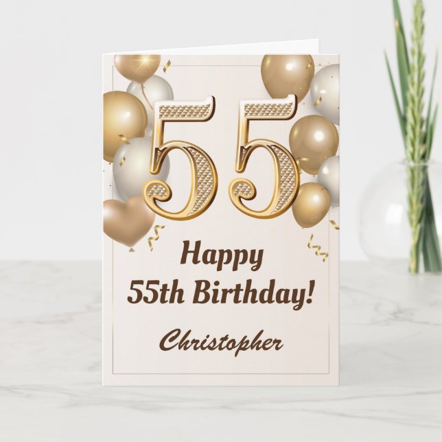 55th Birthday Gold Balloons and Confetti Birthday Card (Front)