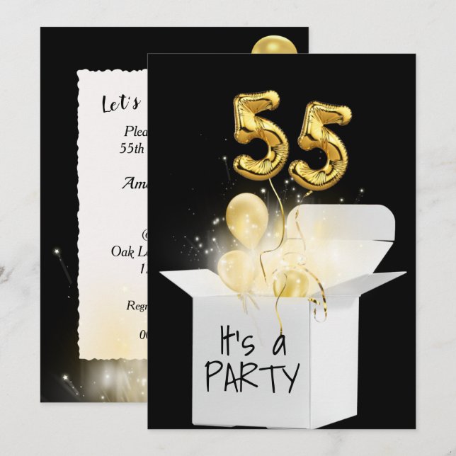 55th Birthday Gold Balloons In White Box   Invitation (Front/Back)