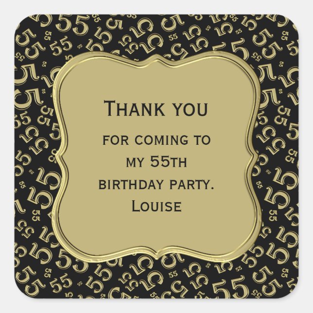 55th Birthday Gold/Black Party Theme  - Thank you Square Sticker (Front)