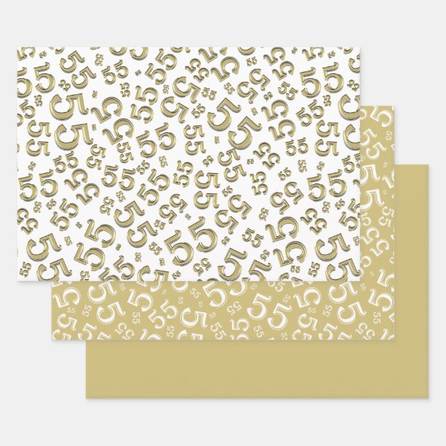 55th Birthday Gold/White Random Number Pattern 55 Wrapping Paper Sheet (Set)