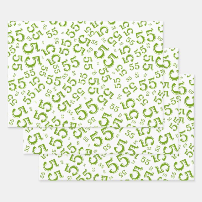 55th Birthday Green/White Random Number Pattern 55 Wrapping Paper Sheet (Set)