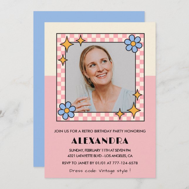 55th birthday invitation Retro Groovy Pink Flowers (Front/Back)