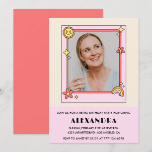 55th birthday invitation Retro Groovy Pink Flowers