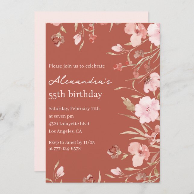 55th birthday invitations Boho Floral Chic (Front/Back)