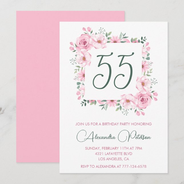 55th birthday invitations Floral Elegant Pink (Front/Back)