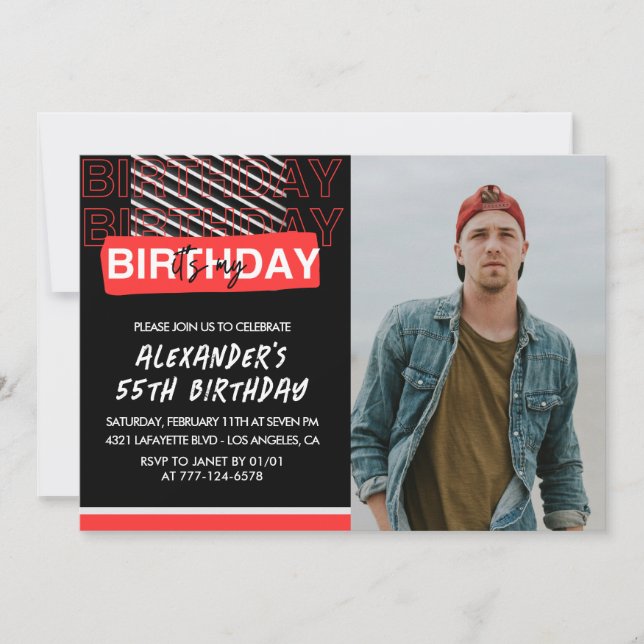55th birthday invitations Men Party Photo Red  (Front)