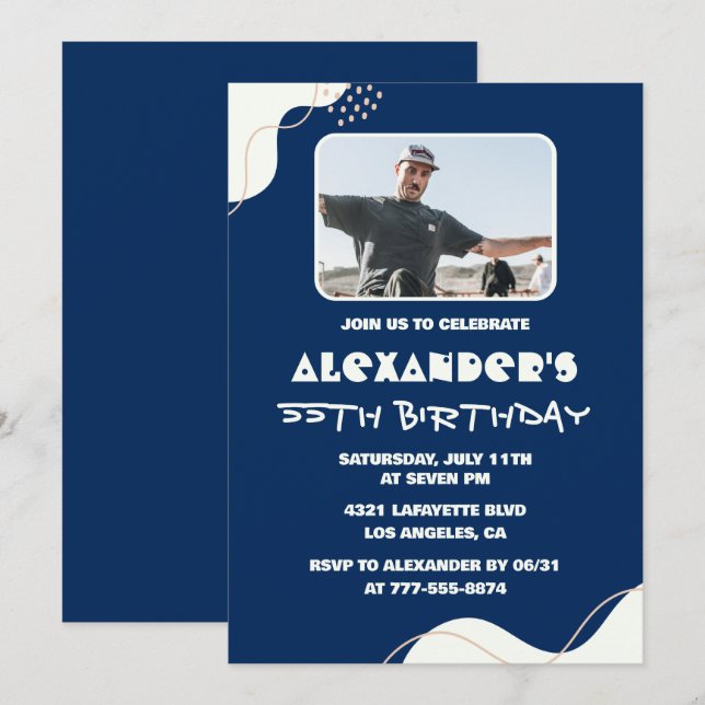 55th birthday invitations Men Photo Simple Blue  (Front/Back)