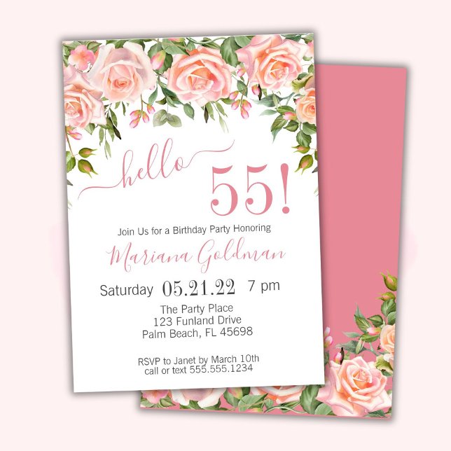 55th Birthday Invitations Pink Floral Modern Party (Creator Uploaded)
