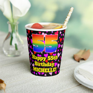55th Birthday: Loving Hearts Pattern, Rainbow 55 Paper Cups