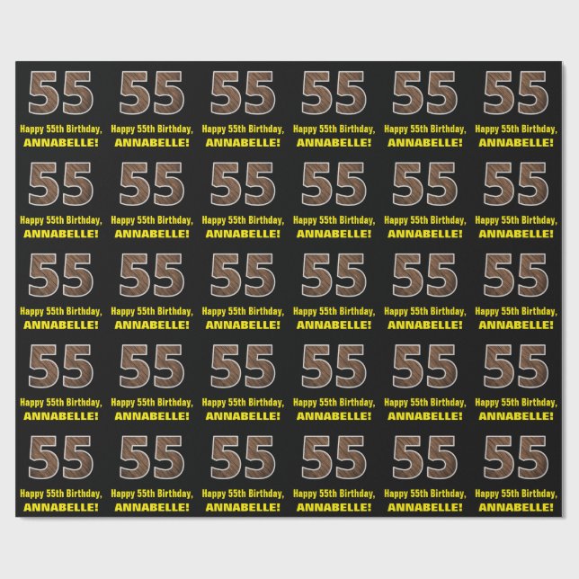 55th Birthday: Name & Faux Wood Grain Pattern "55" Wrapping Paper (Flat)