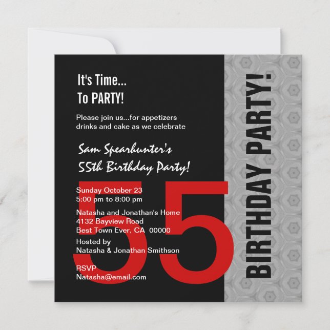 55th Birthday Or Any Year Red Silver Black C846B Invitation (Front)