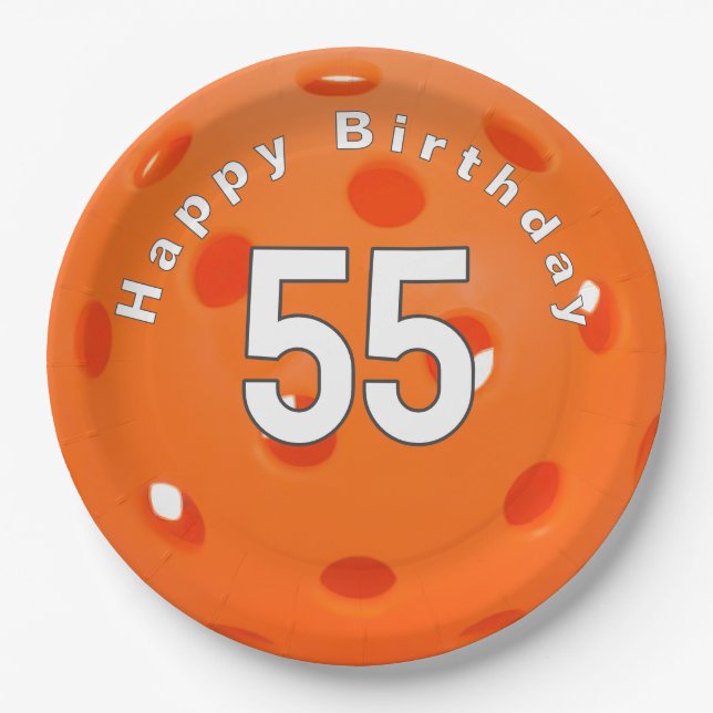 55th Birthday Orange Pickleball Paper Plate (Front)