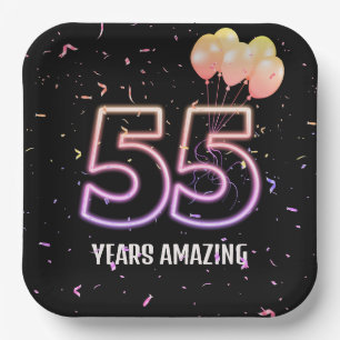 55th Birthday Party Balloons and Confetti Paper Plate