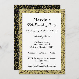 55th Birthday Party, Black/Gold Number Pattern Invitation