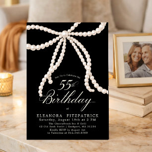 55th Birthday Party Black White Coquette Pearl Bow Invitation