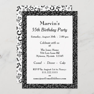 55th Birthday Party, Black/White Number Pattern Invitation