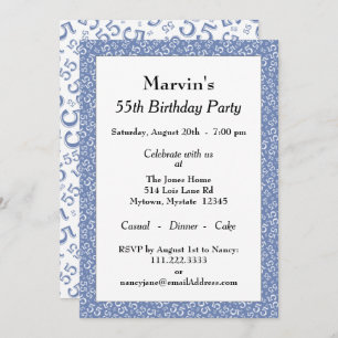 55th Birthday Party, Blue/White Number Pattern Invitation