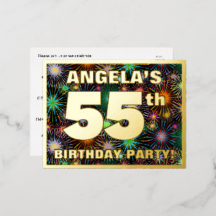 55th Birthday Party: Bold, Colourful Fireworks Loo Foil Invitation Postcard