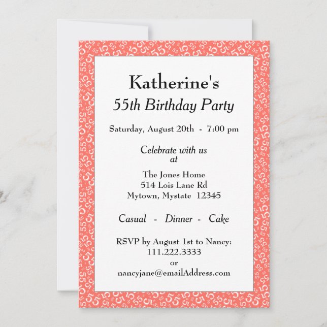 55th Birthday Party, Coral/White Number Pattern Invitation (Front)