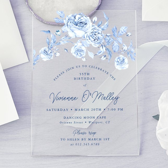 55th Birthday Party Dusty Blue Floral Acrylic Invitations (Creator Uploaded)