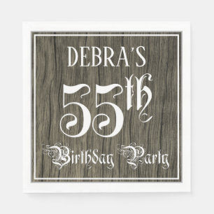 55th Birthday Party — Fancy Script, Faux Wood Look Napkin