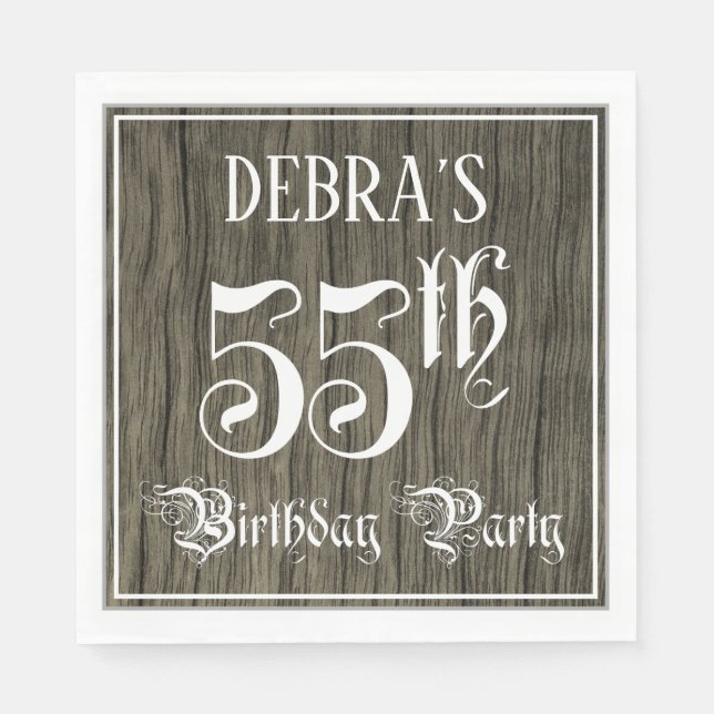 55th Birthday Party — Fancy Script, Faux Wood Look Napkin (Front)