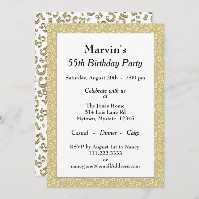 55th Birthday Party, Gold/White Number Pattern Invitation (Front/Back)