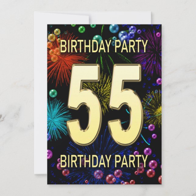 55th Birthday Party Invitation Fireworks Bubbles (Front)