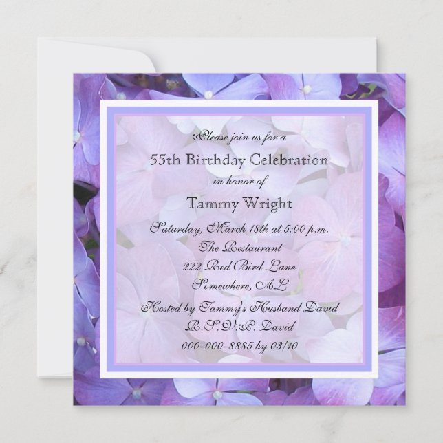 55th Birthday Party Invitation Purple Hydrangeas (Front)