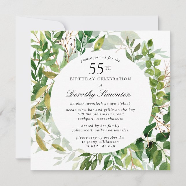 55th Birthday Party Modern Green Botanical  Invitation (Front)
